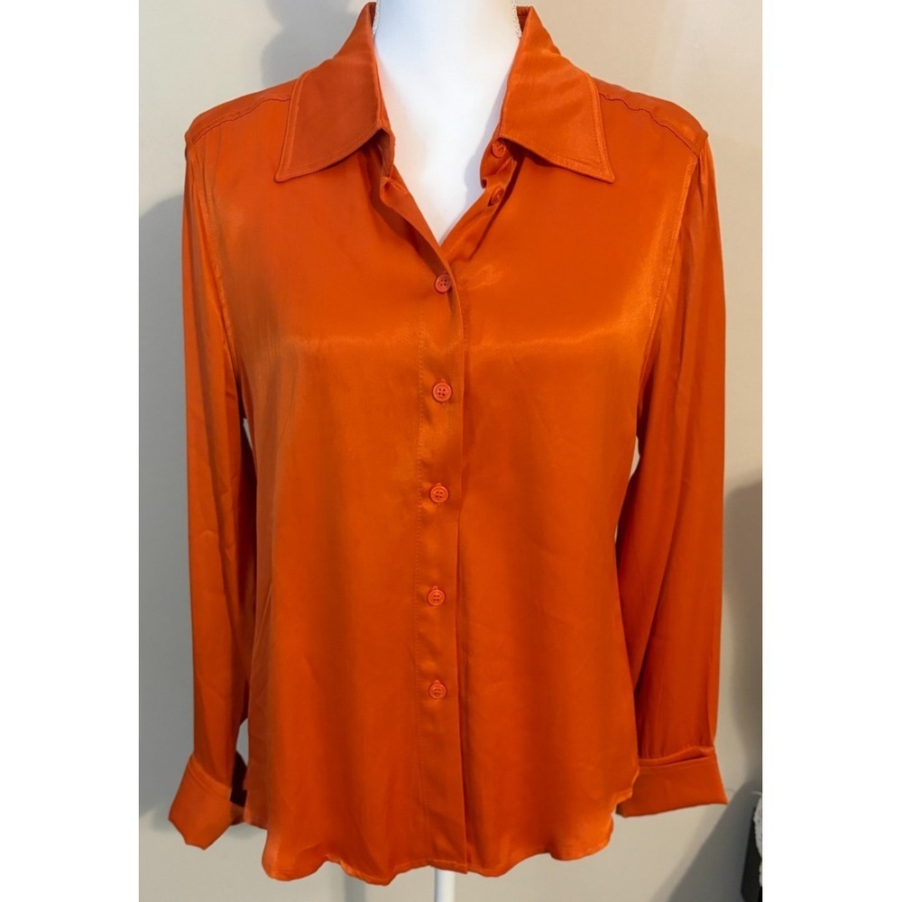 Ciebon Silk Button Front Blouse Women's Small S Long Sleeve Orange